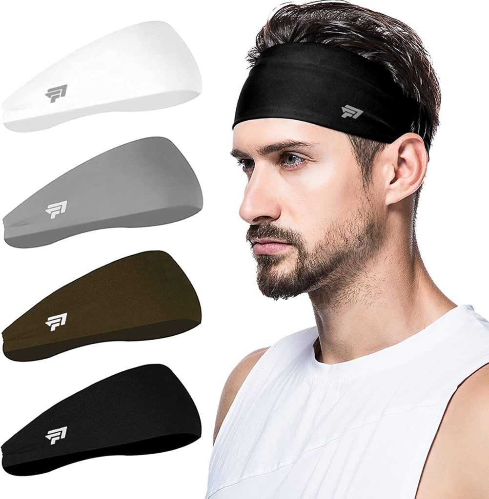 poshei Mens Headband 4 Pack Mens Sweatband Sports Headband for Running Cycling Yoga Basketball Stretchy Moisture Wicking Hairband