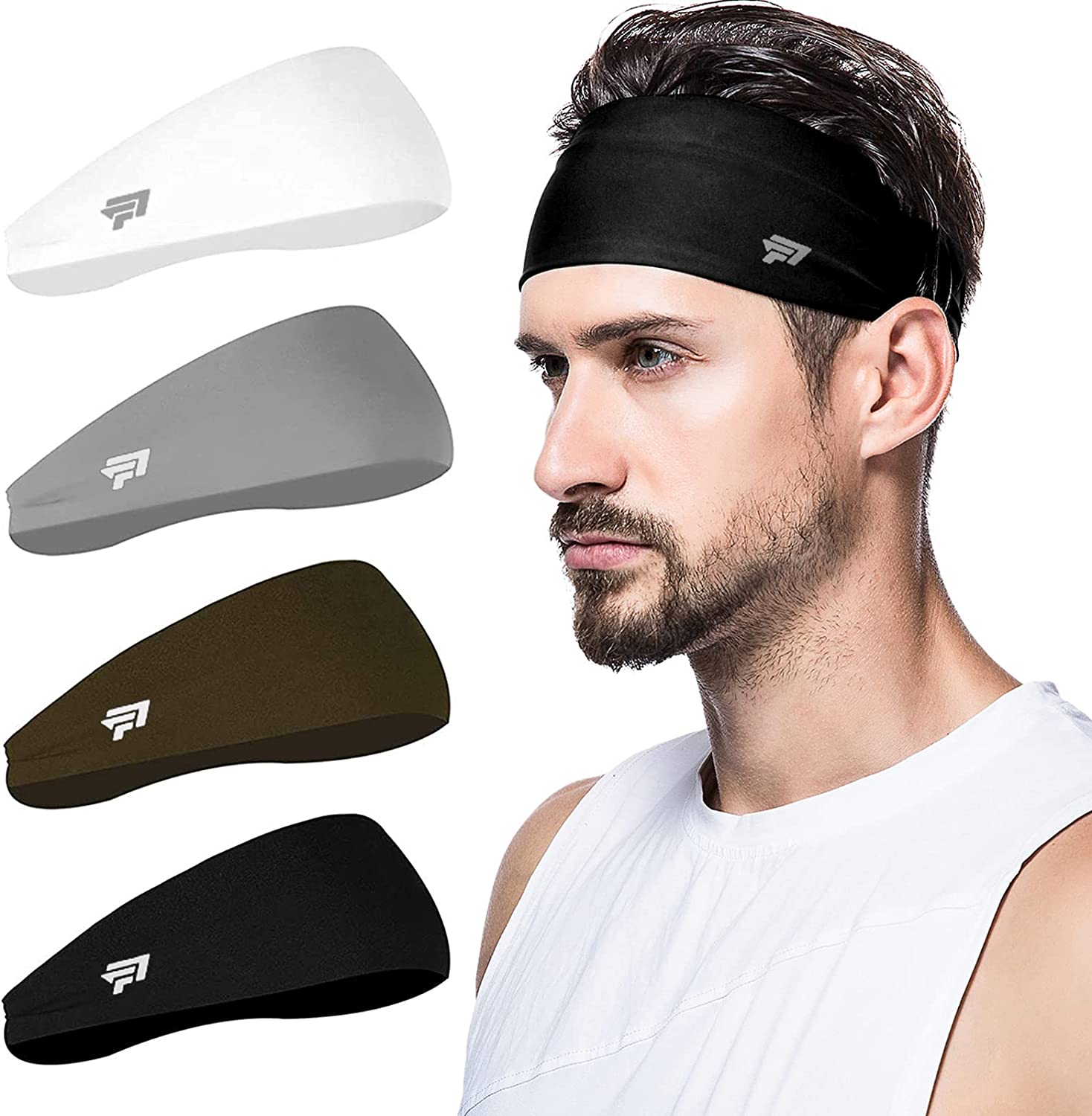 poshei Mens Headband (4 Pack), Mens Sweatband & Sports Headband for Running, Cycling, Yoga, Basketball - Stretchy Moisture Wicking Hairband