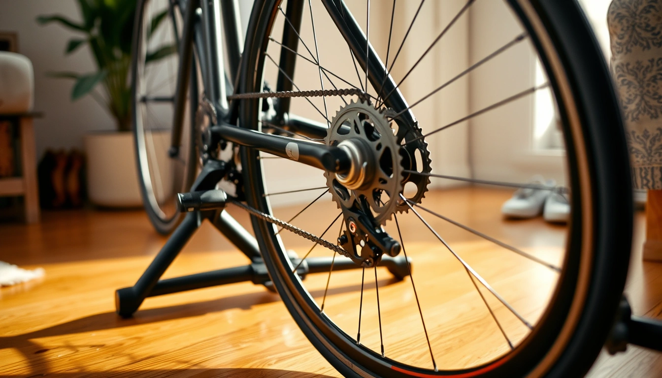 Road bike rear wheel clamped into indoor bike trainer stand on hardwood floor