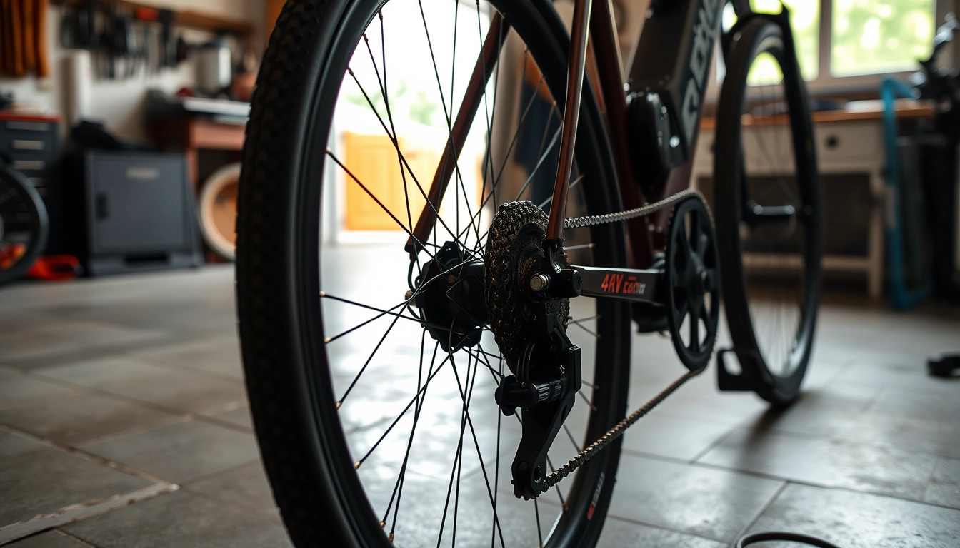 Electric bike conversion kit hub motor installed on rear wheel in garage