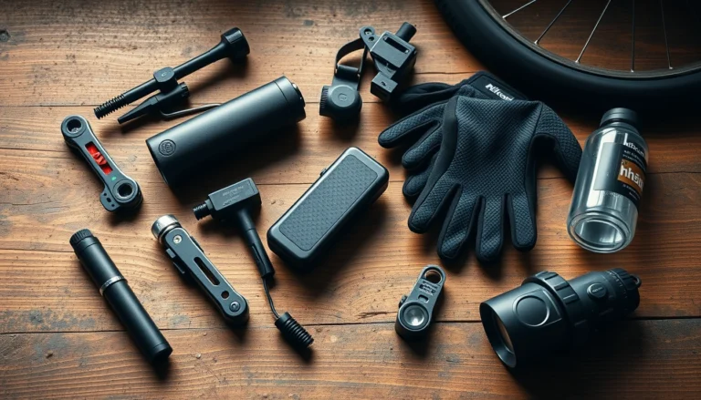 Mountain bike accessories flat lay on wooden workbench including multi-tool, mini pump, gloves and lights