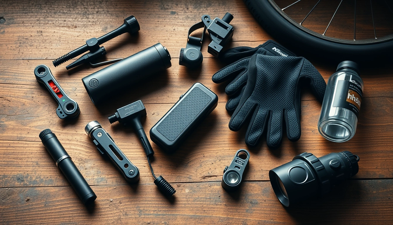 Mountain bike accessories flat lay on wooden workbench including multi-tool, mini pump, gloves and lights