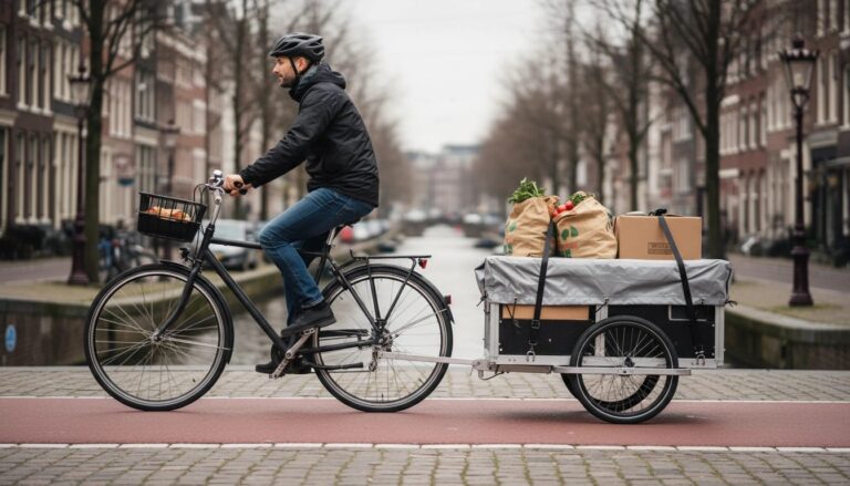 best bicycle cargo trailers 2026 - cyclist towing a two-wheeled cargo trailer loaded with groceries on an Amsterdam bike lane