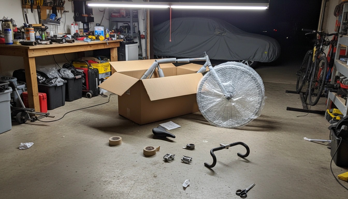 best way to ship a bicycle - disassembled road bike being packed in cardboard box in home garage with bubble wrap and tools