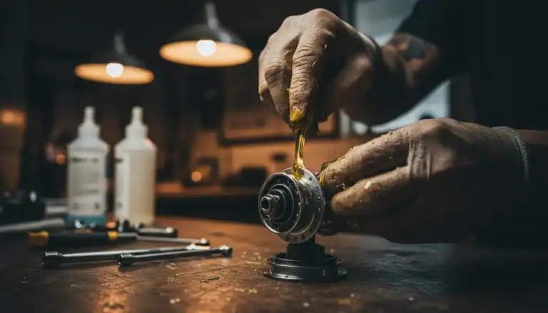 Applying bicycle grease to hub bearings in a professional bike workshop