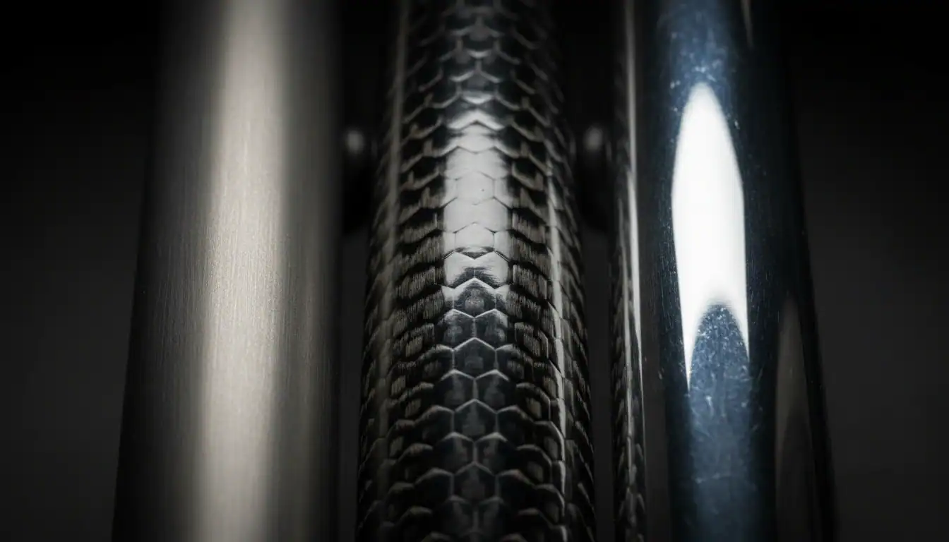 Carbon fiber bike frame close-up showing material texture and weave pattern