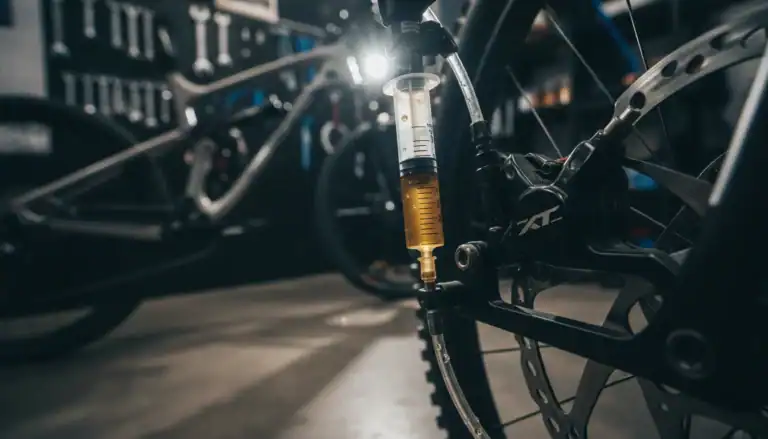 Bleeding hydraulic disc brakes with mineral oil syringe on a mountain bike