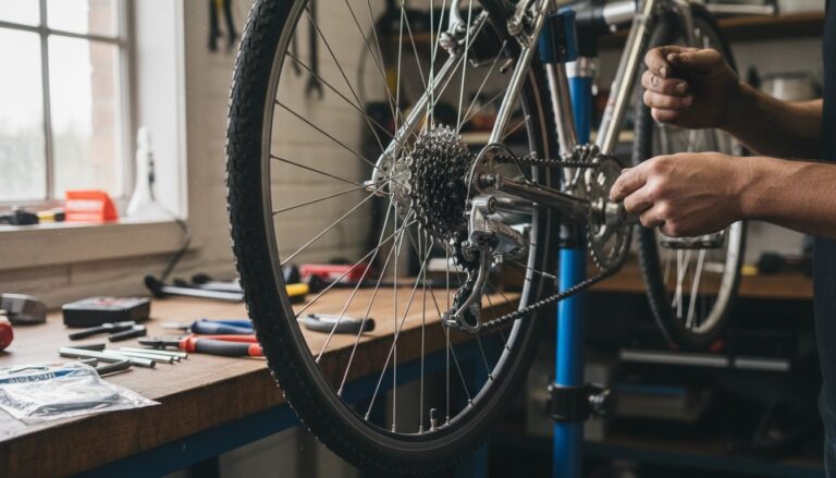 can you add gears to a bike - mechanic installing rear derailleur and cassette on steel frame bike on repair stand