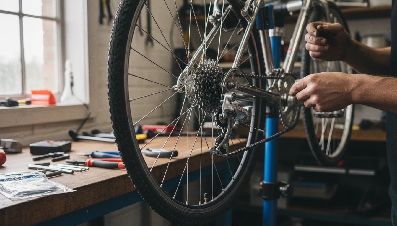 can you add gears to a bike - mechanic installing rear derailleur and cassette on steel frame bike on repair stand