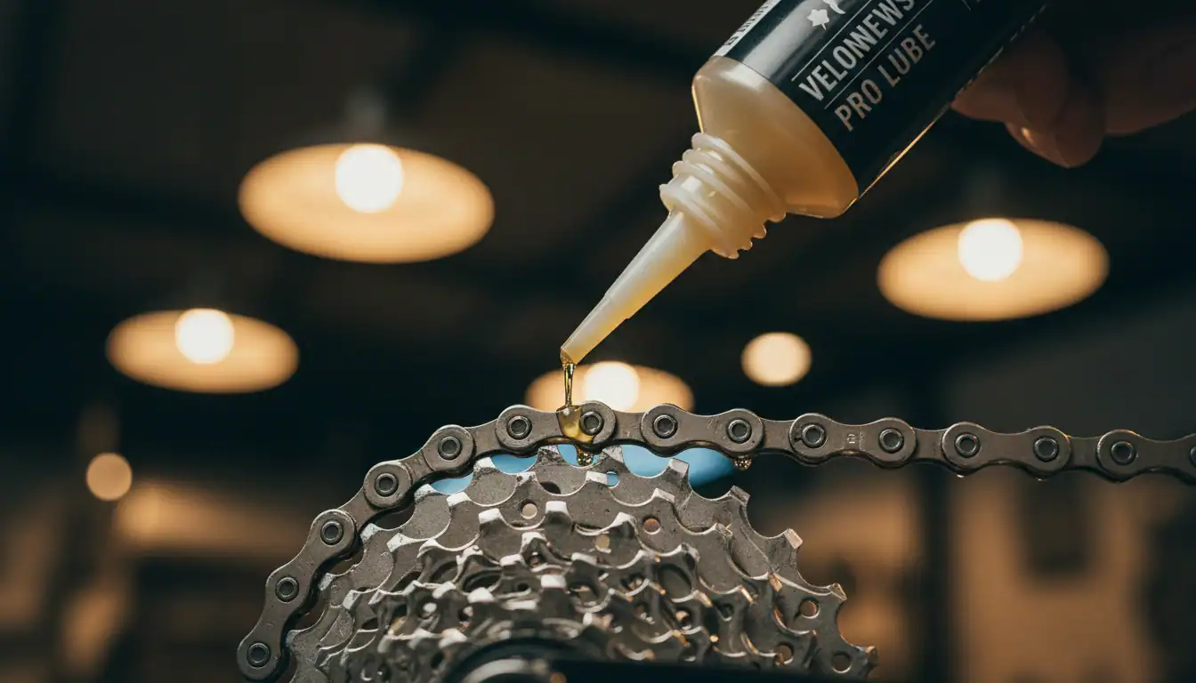 Applying chain lubricant to a bicycle chain on the rear cassette