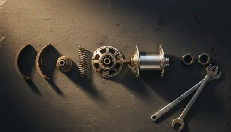 Disassembled coaster brake hub showing internal brake shoe mechanism