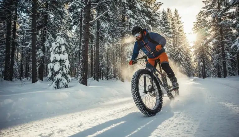 Fat tire bike riding through a snowy winter trail