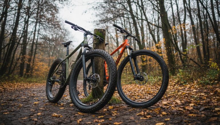 fat bike disadvantages - fat bike with massive tires next to regular mountain bike for size comparison on trail