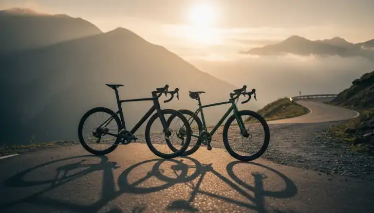 Gravel bike vs road bike on a scenic winding road through mountains