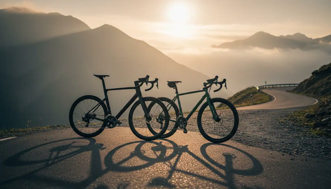 Gravel bike vs road bike on a scenic winding road through mountains