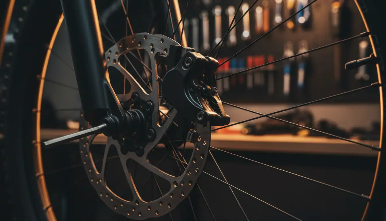 How to adjust bike brakes rubbing - disc brake caliper and rotor close-up