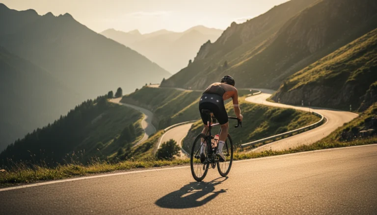How to bike uphill - cyclist climbing mountain switchback at golden hour