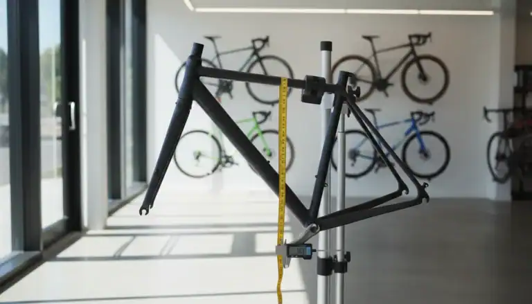 How to measure a bike frame - measuring tape on bike frame in shop