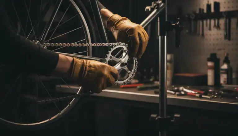 How to tighten a bike chain - hands adjusting chain tension in workshop