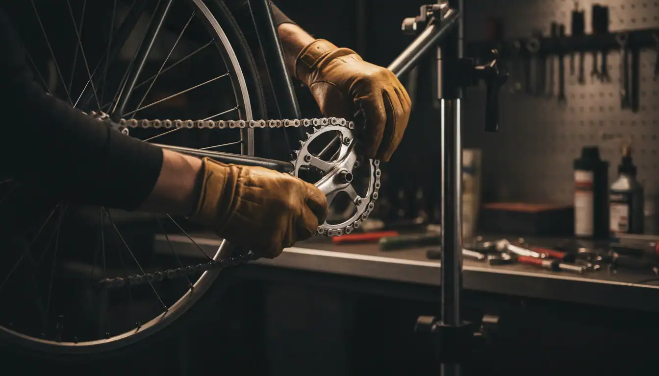 How to tighten a bike chain - hands adjusting chain tension in workshop