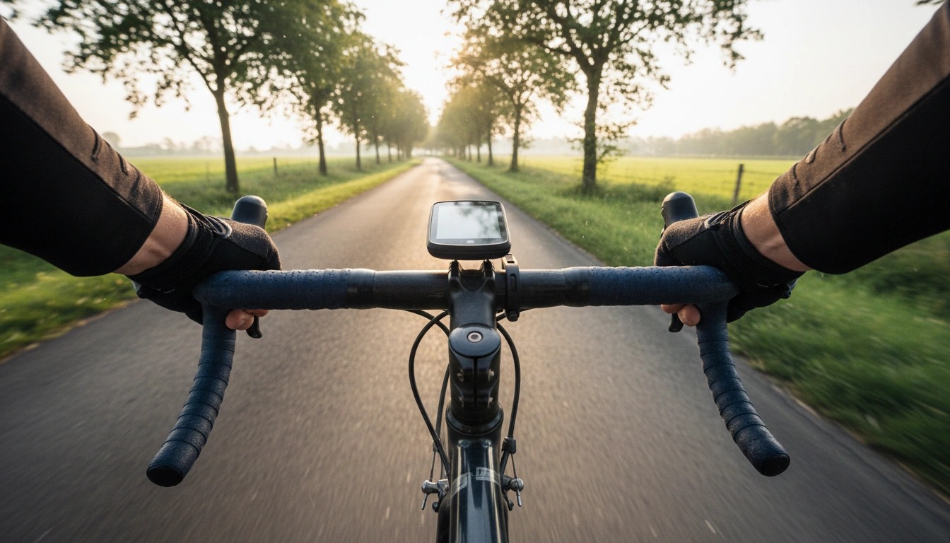 how to install bicycle computer and GPS - cyclist POV view of GPS computer mounted on road bike handlebars on country road