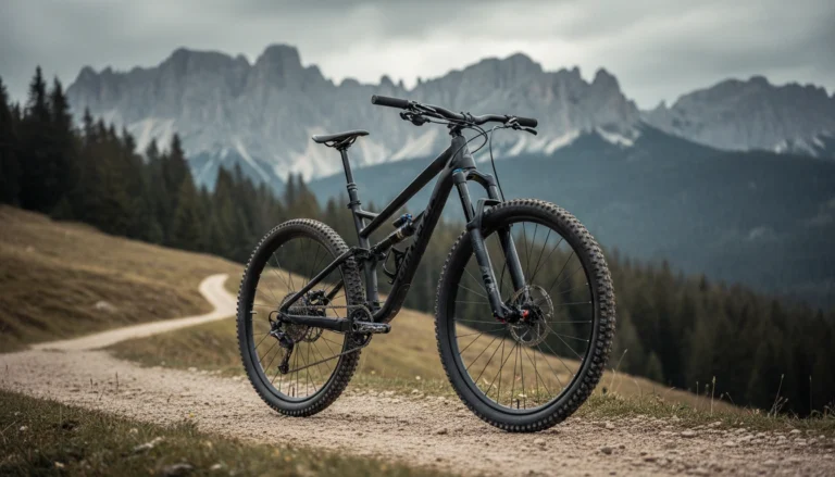 Black Hyper Havoc 26 inch full suspension mountain bike on a dirt trail with mountains in the background