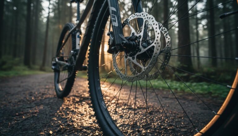 mechanical vs hydraulic disc brakes - Shimano disc brake rotor and caliper on mountain bike wheel on forest trail
