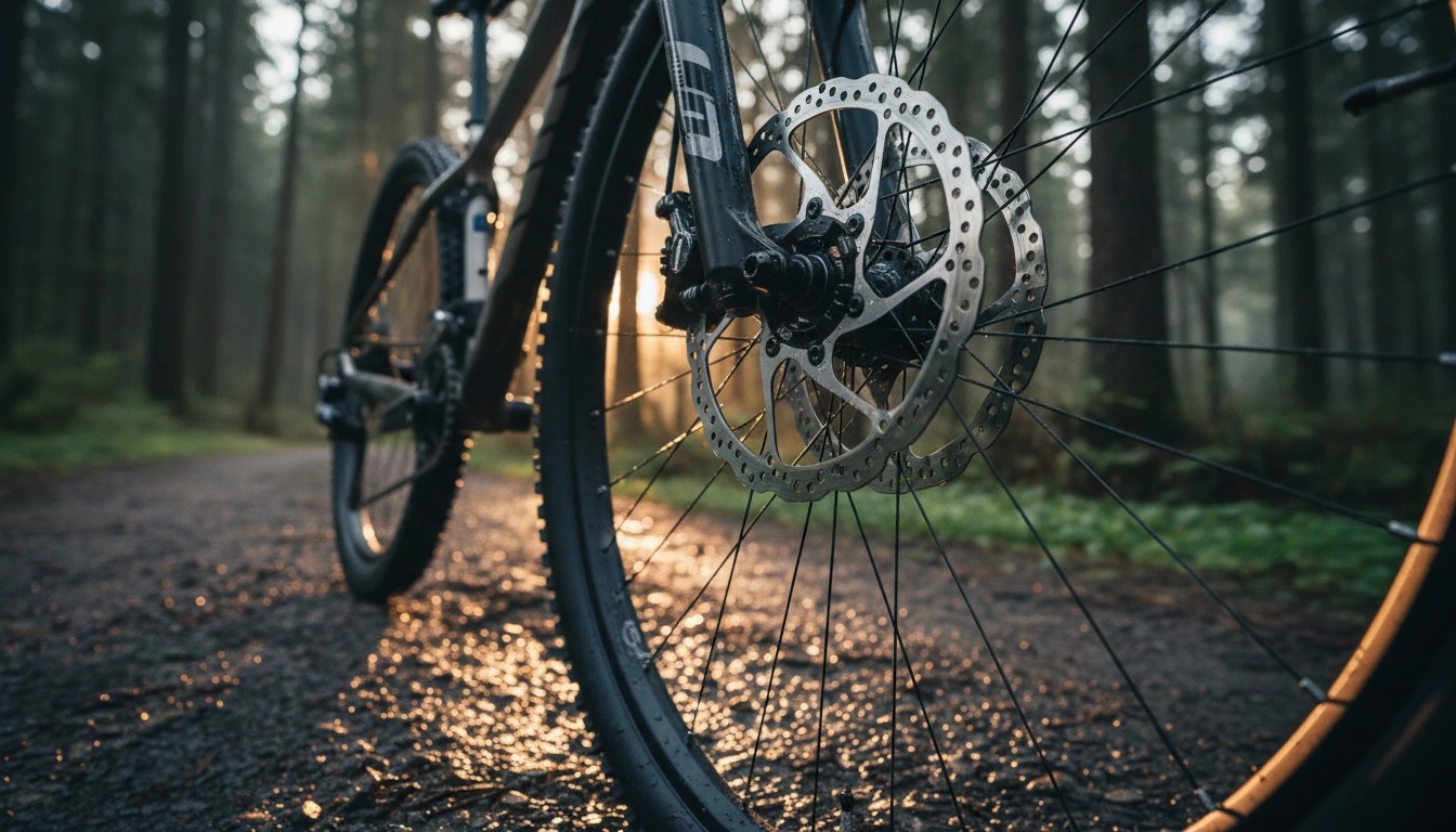 mechanical vs hydraulic disc brakes - Shimano disc brake rotor and caliper on mountain bike wheel on forest trail