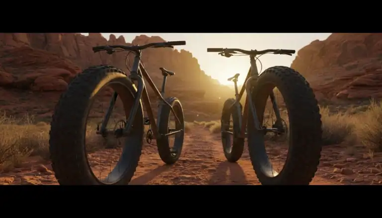 Two fat tire mountain bikes side by side on a desert trail at sunset