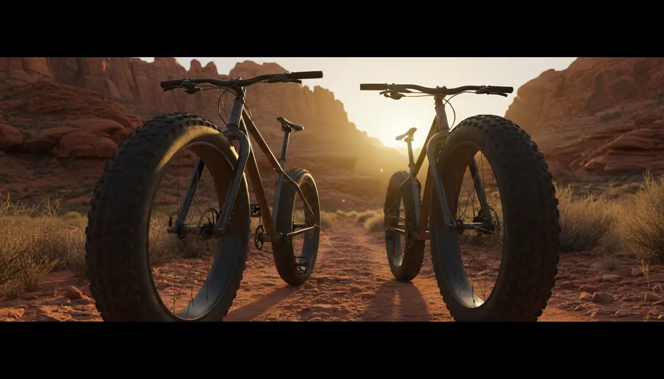 Two fat tire mountain bikes side by side on a desert trail at sunset