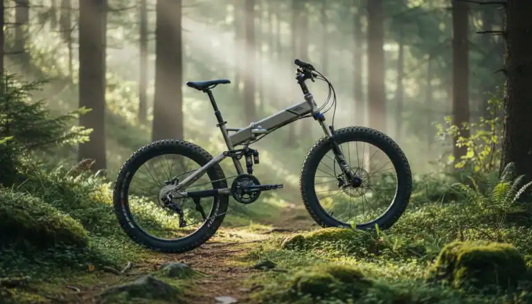 Folding mountain bike on a forest trail with full suspension visible