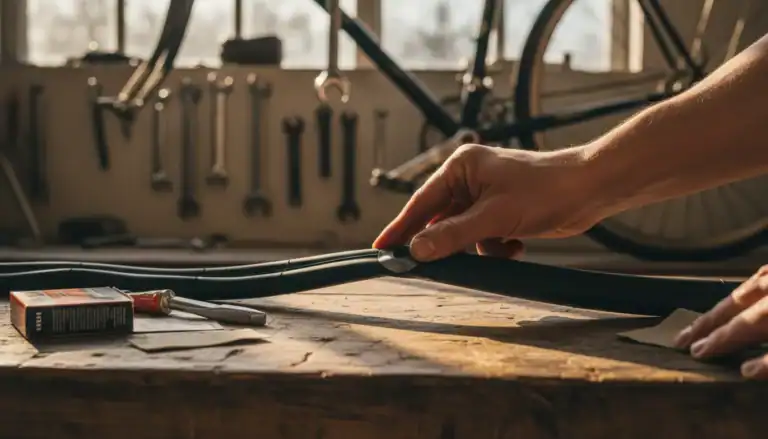 Patching a bicycle tire tube with a repair kit on a workshop bench