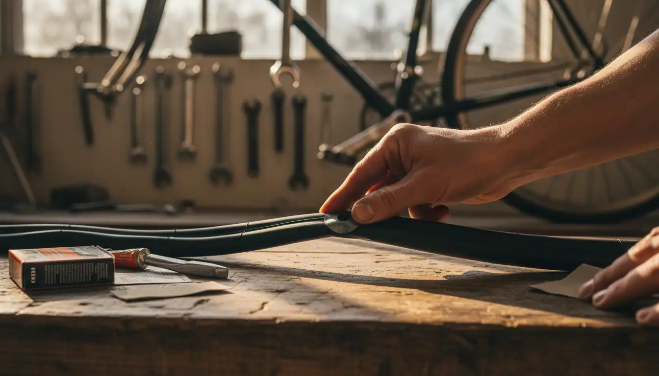 Patching a bicycle tire tube with a repair kit on a workshop bench
