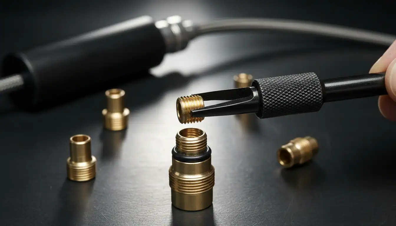 Removable Presta valve core being unscrewed from a bicycle tube valve stem