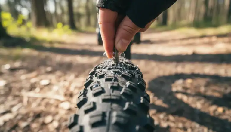 Checking a leaking Schrader valve on a bicycle tire with soapy water