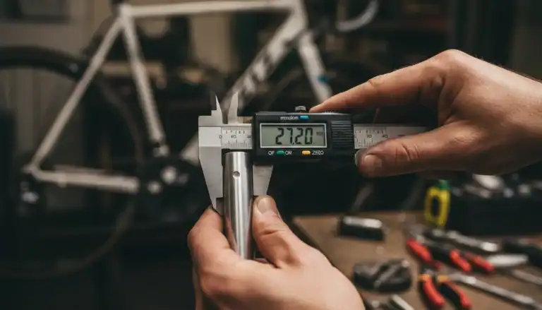 Measuring seatpost diameter with a digital caliper in a bike workshop