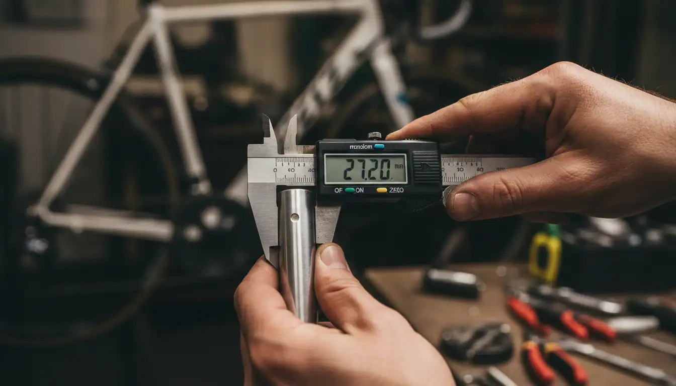 Measuring seatpost diameter with a digital caliper in a bike workshop