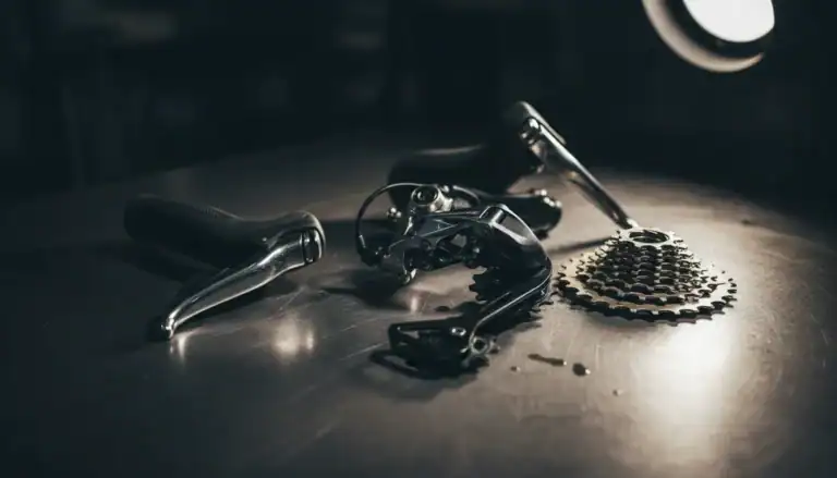 Shimano road bike groupset components close up - shifters derailleurs cassette