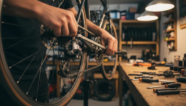 how to tighten a bike chain with a derailleur - hands working on chain and rear derailleur in workshop