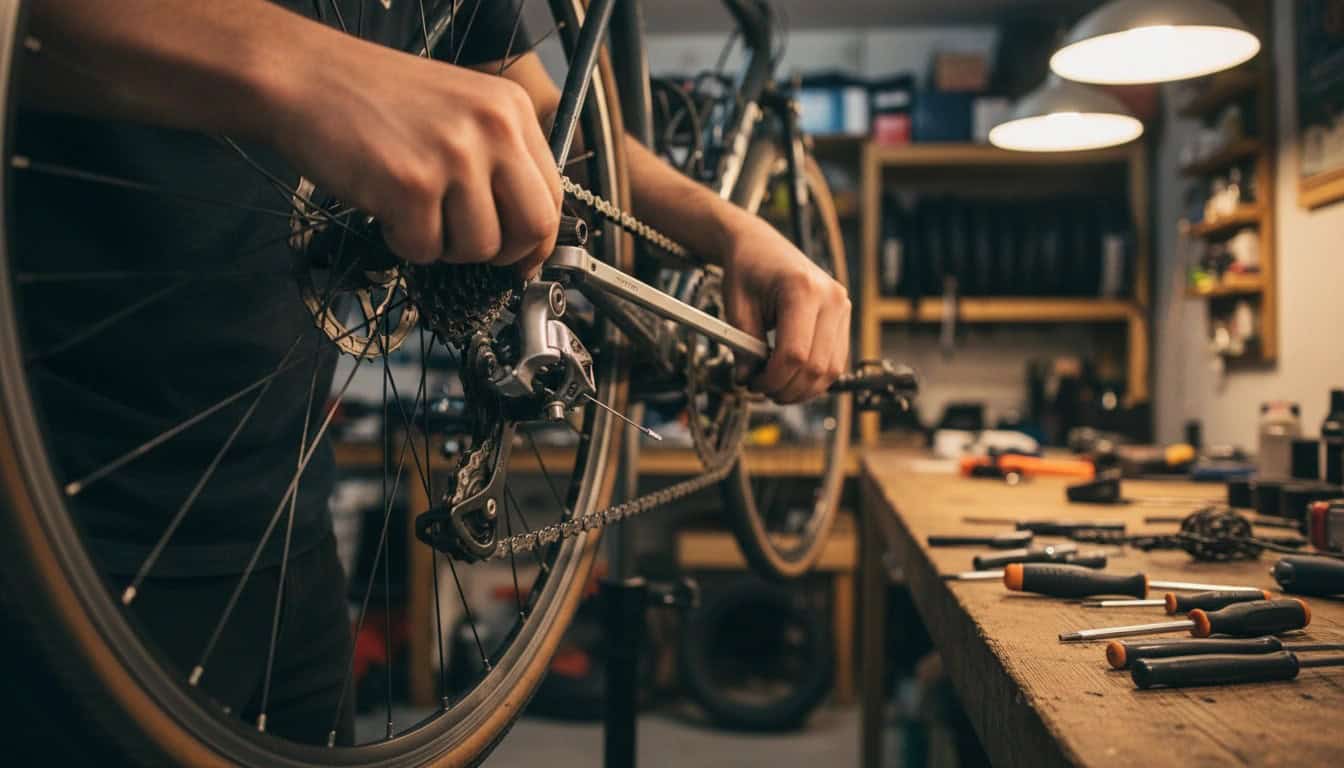 how to tighten a bike chain with a derailleur - hands working on chain and rear derailleur in workshop