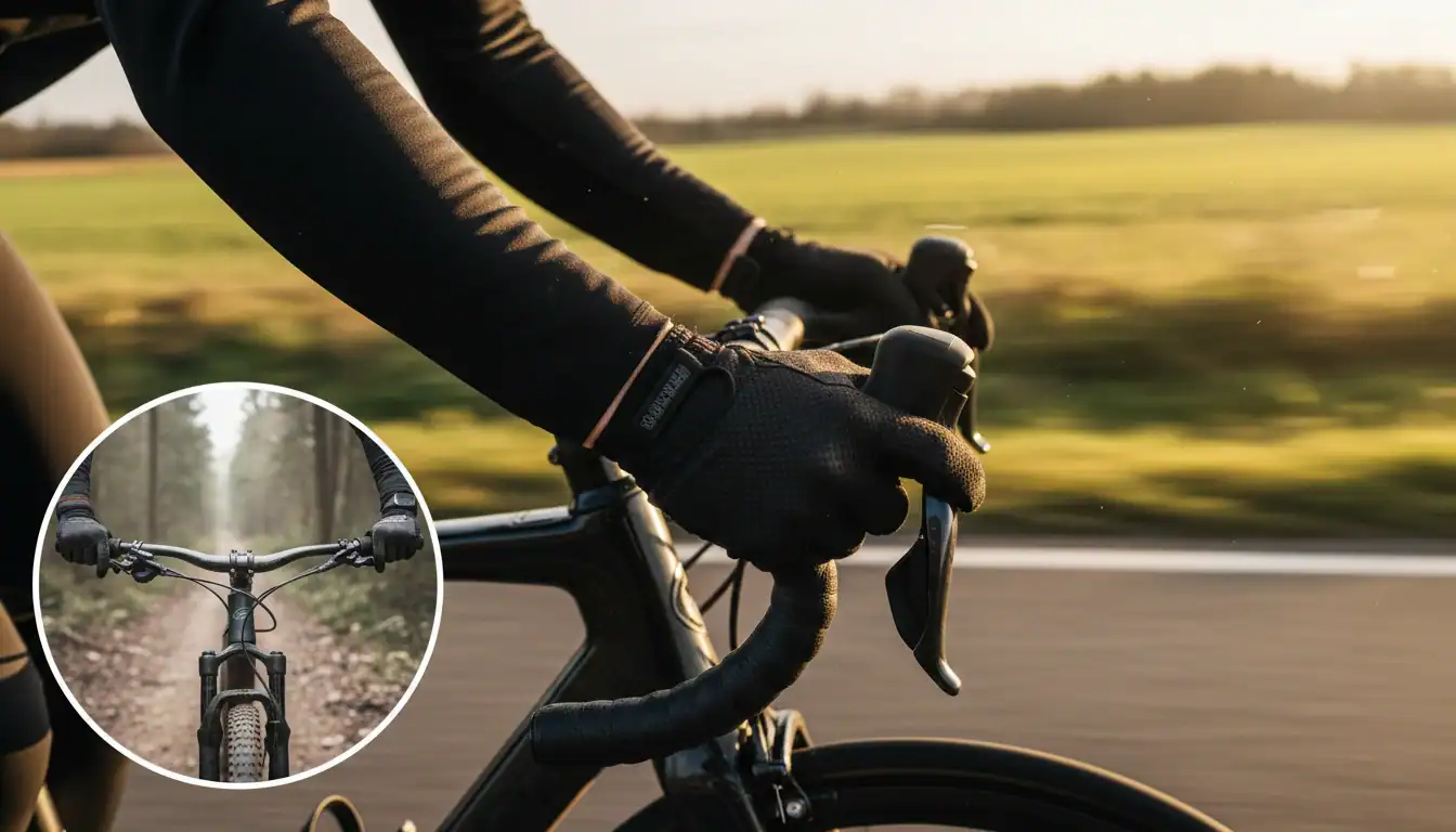 Cyclist on drop bar road bike showing handlebar hand positions