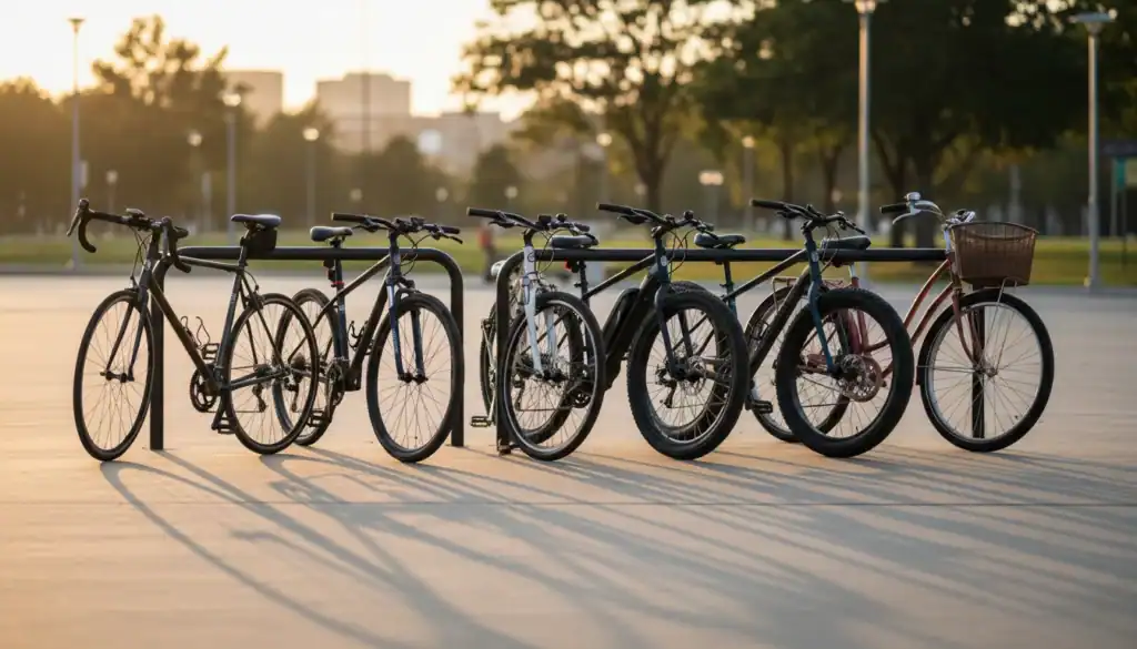 9 Best Affordable Womens Bikes for 2026 1 Different types of bikes lined up including road, mountain, hybrid, electric, fat tire, and cruiser