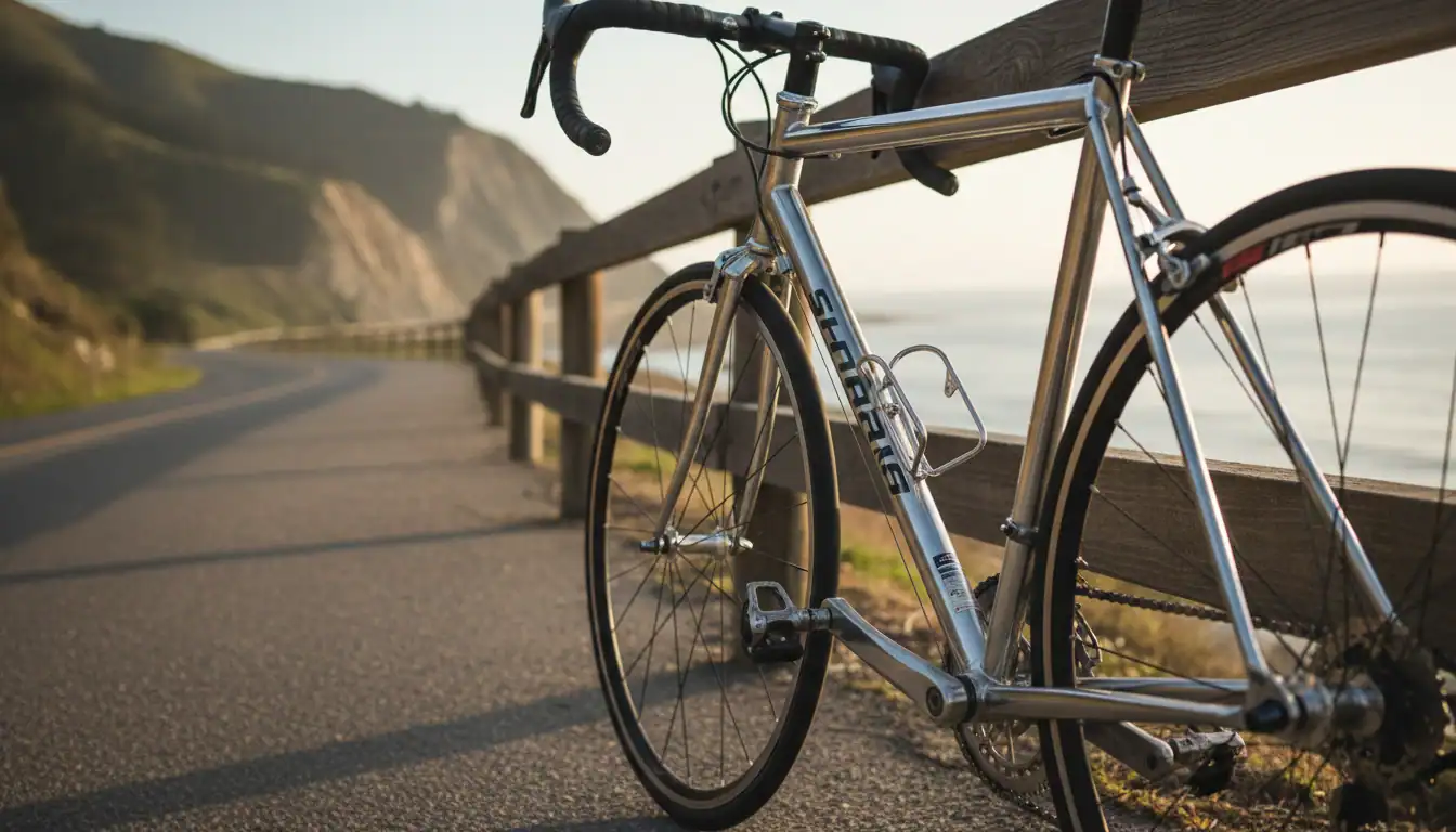 Vilano aluminum road bike on a scenic road with drop handlebars visible
