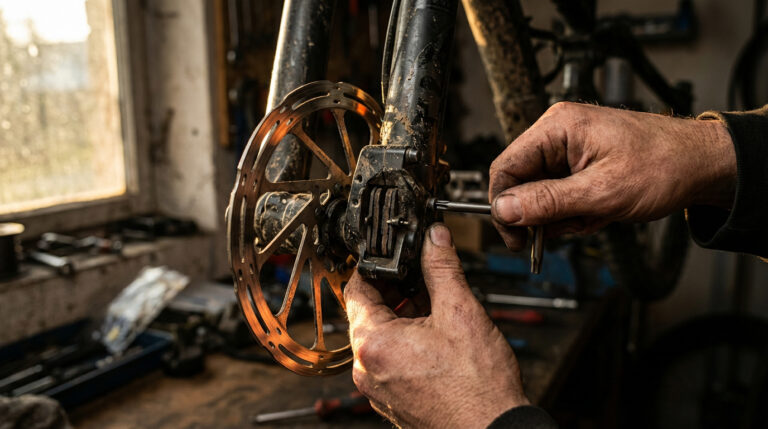 Mechanic adjusting a bike disc brake caliper with a torx key