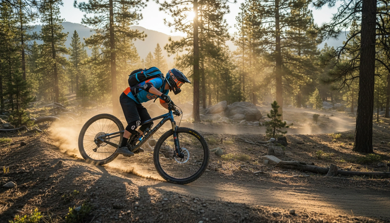 Mountain biker wearing cycling hydration backpack on dusty forest trail