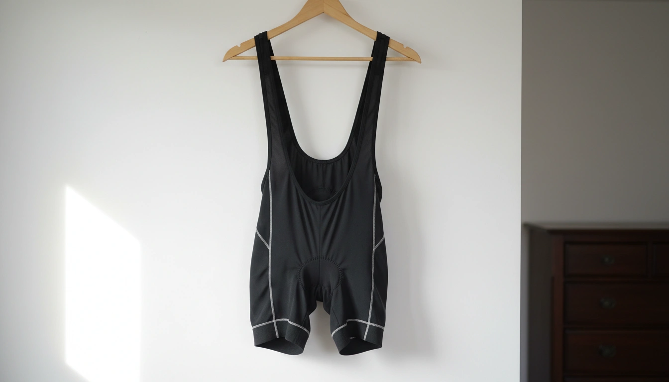 Black cycling bib shorts hanging on wooden hanger