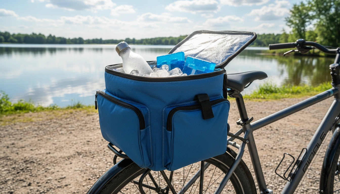Blue insulated cooler bag mounted on bicycle rear rack by lake