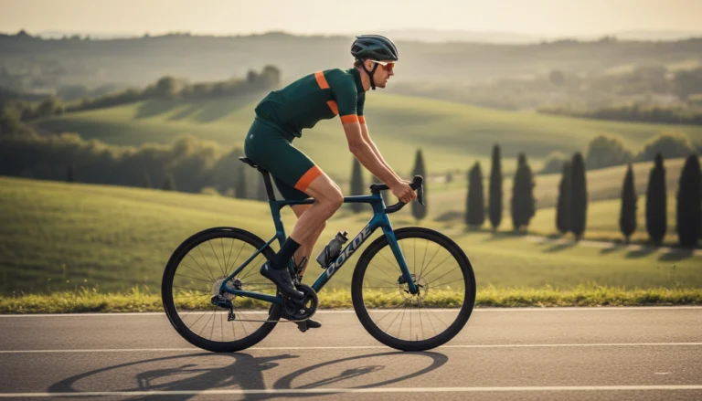 Tall cyclist riding XL frame road bike on countryside road