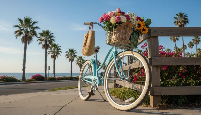 Teal beach cruiser bicycle with wire front basket full of flowers parked at a coastal street