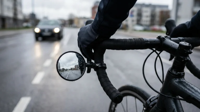 Cyclist POV cockpit view with bar-end bicycle mirror reflecting the road behind